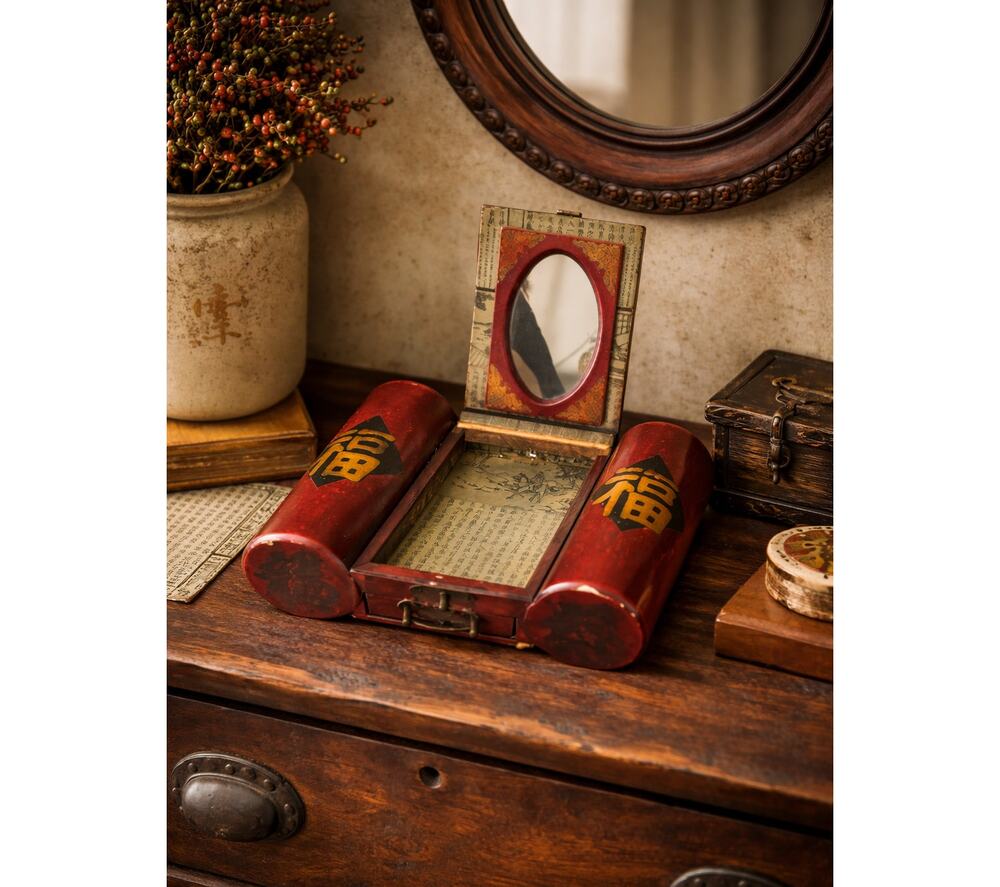 Vtg 70s Asian Red Leather Clad Jewelry Box Painted Dragon Phoenix Mirror Inside